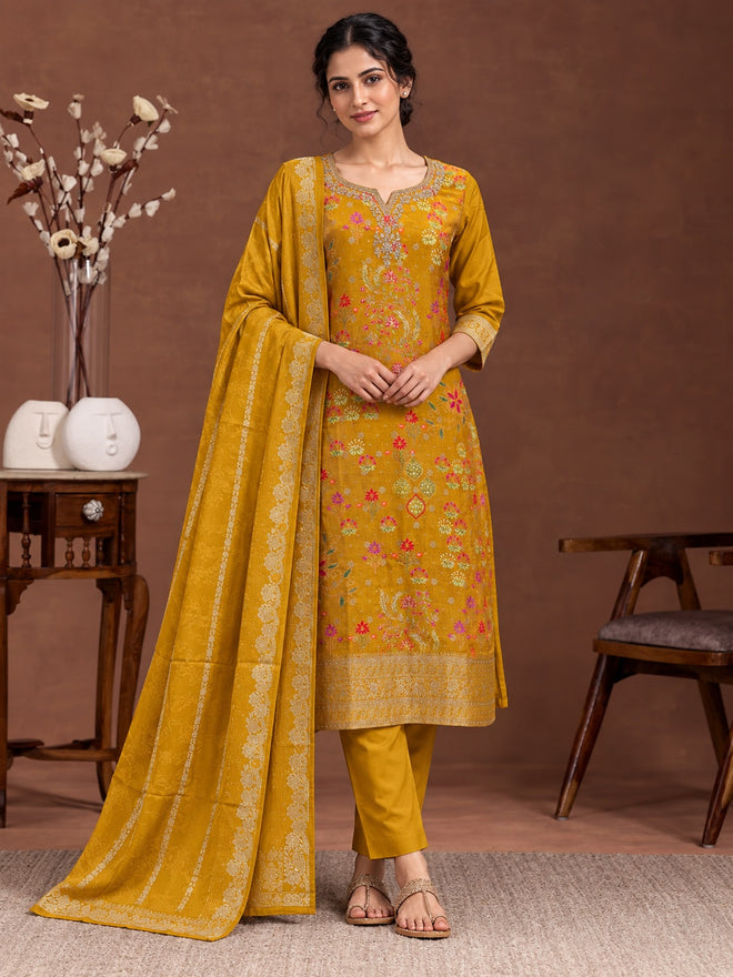 Mustard Floral Silk Blend Suit Set with Dupatta
