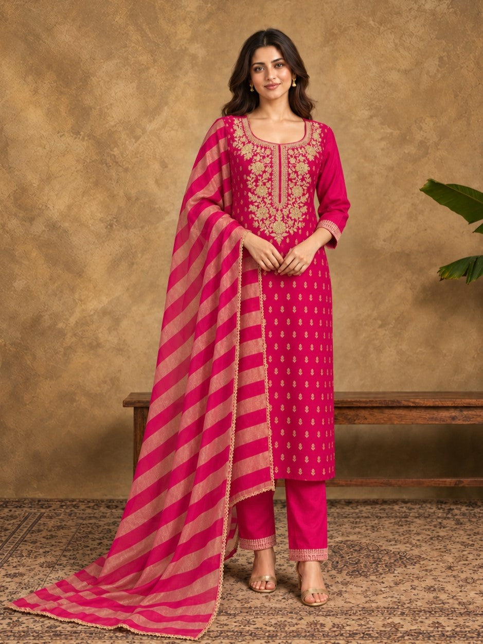 Pink Jacquard Kurta Set with Striped Dupatta