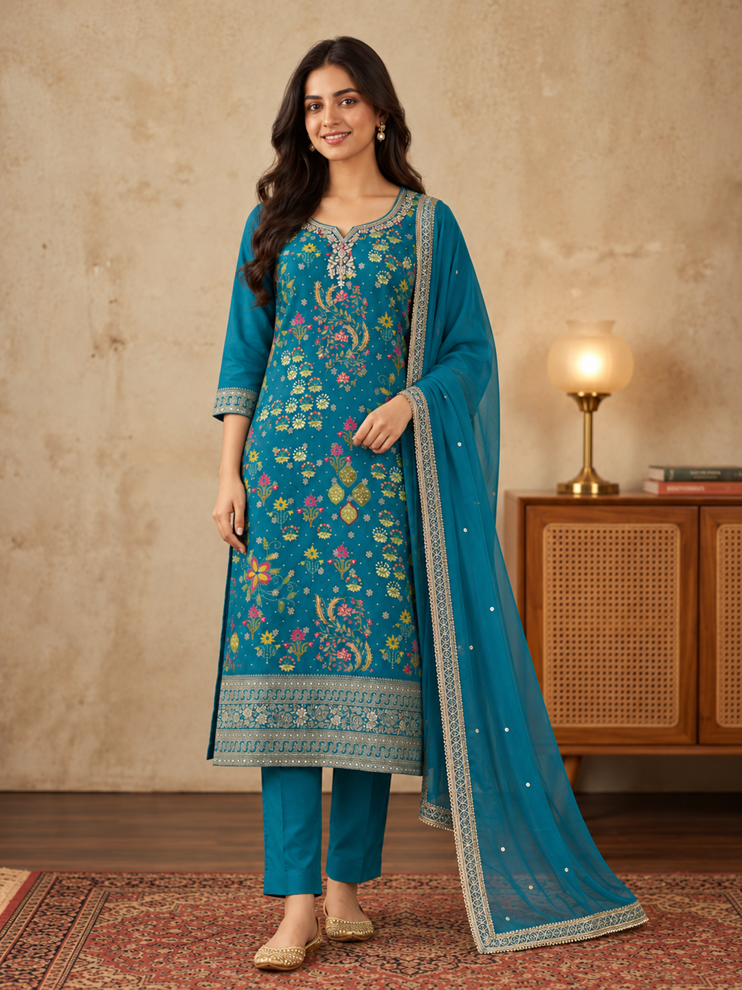 Teal Blue Embroidered Silk Blend Kurta Set with Dupatta