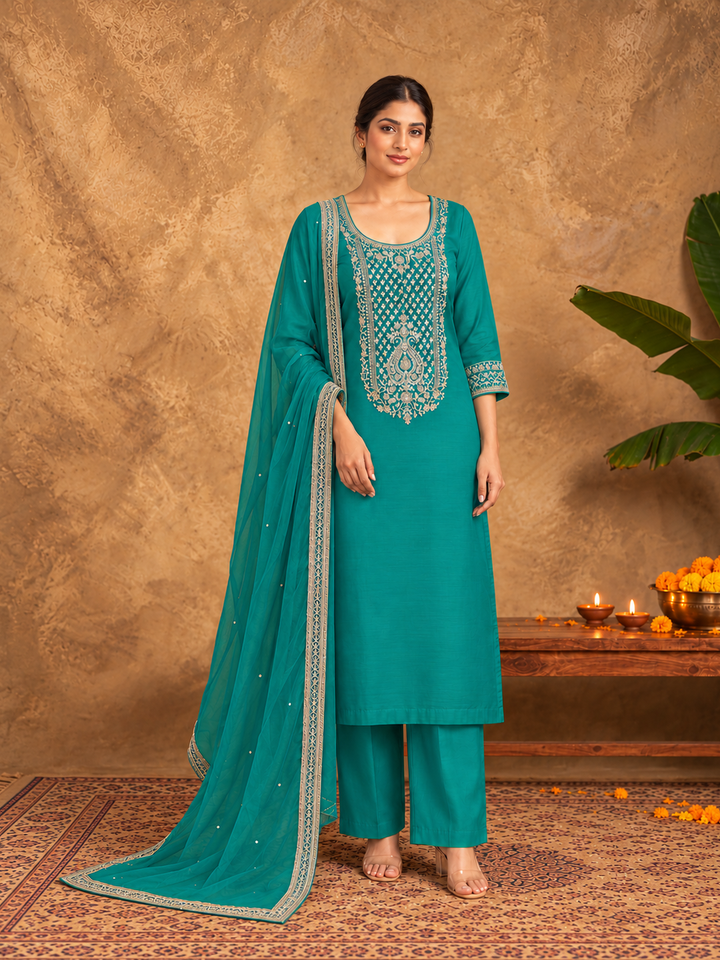 Teal Blue Embroidered Silk Blend Straight Suit Set