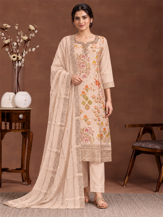 Peach Beige Floral Silk Blend Suit Set with Dupatta