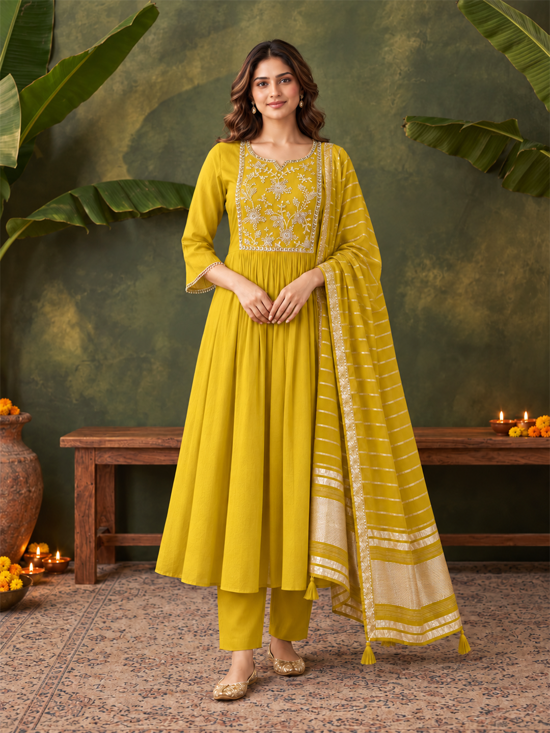 Mustard Chanderi Silk Anarkali Suit Set with Embroidered Dupatta