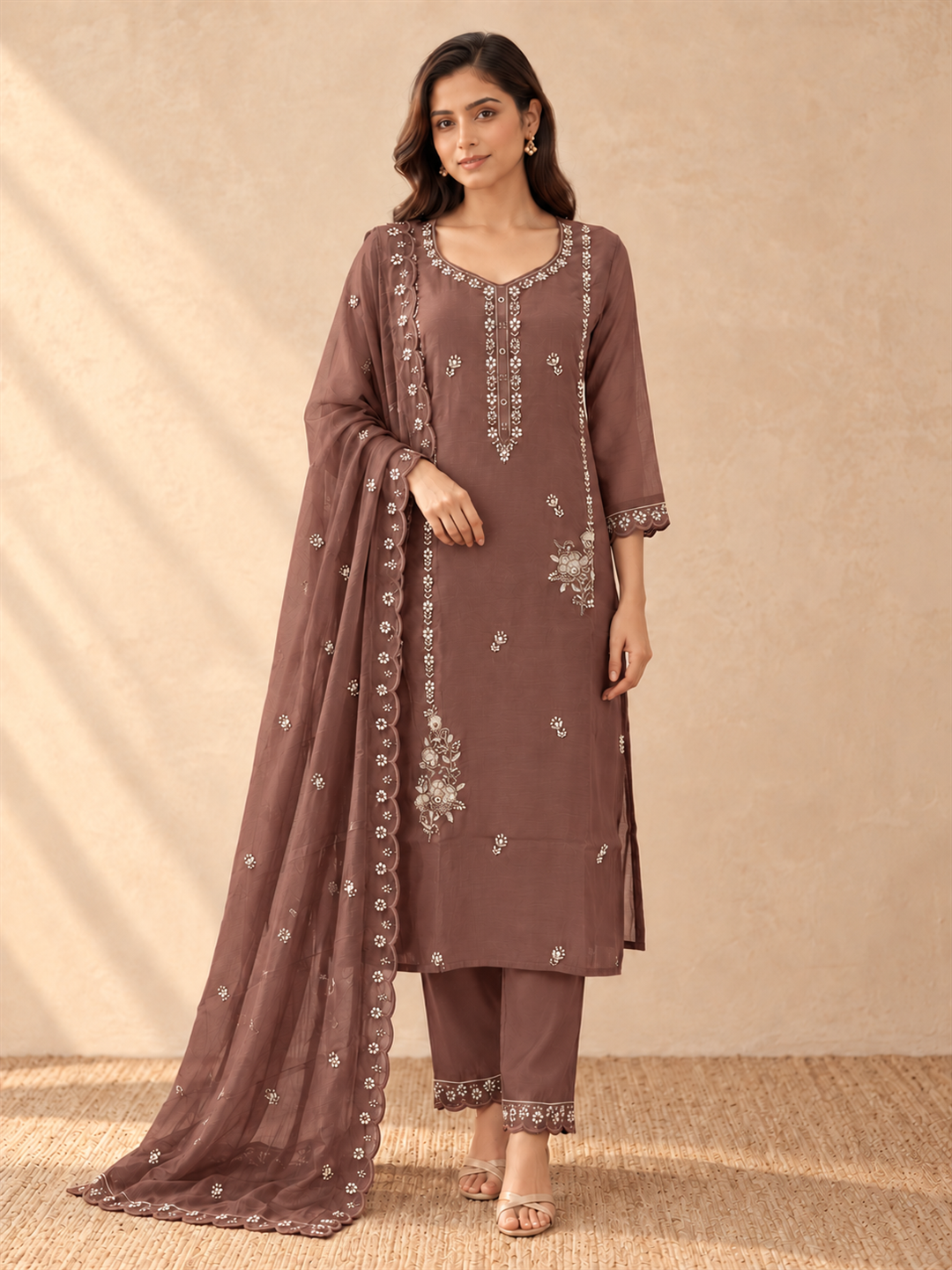 Brown Mul Chanderi Embroidered Straight Kurta Set with Dupatta