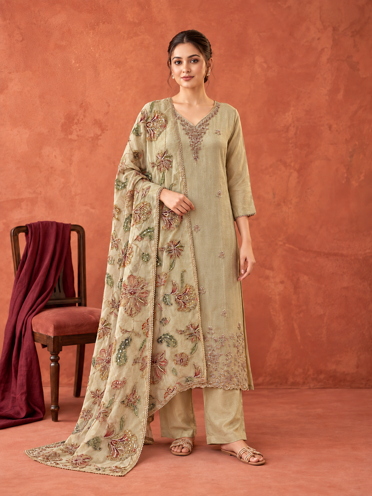 Light Olive Gold Embroidered Pure Silk Suit Set