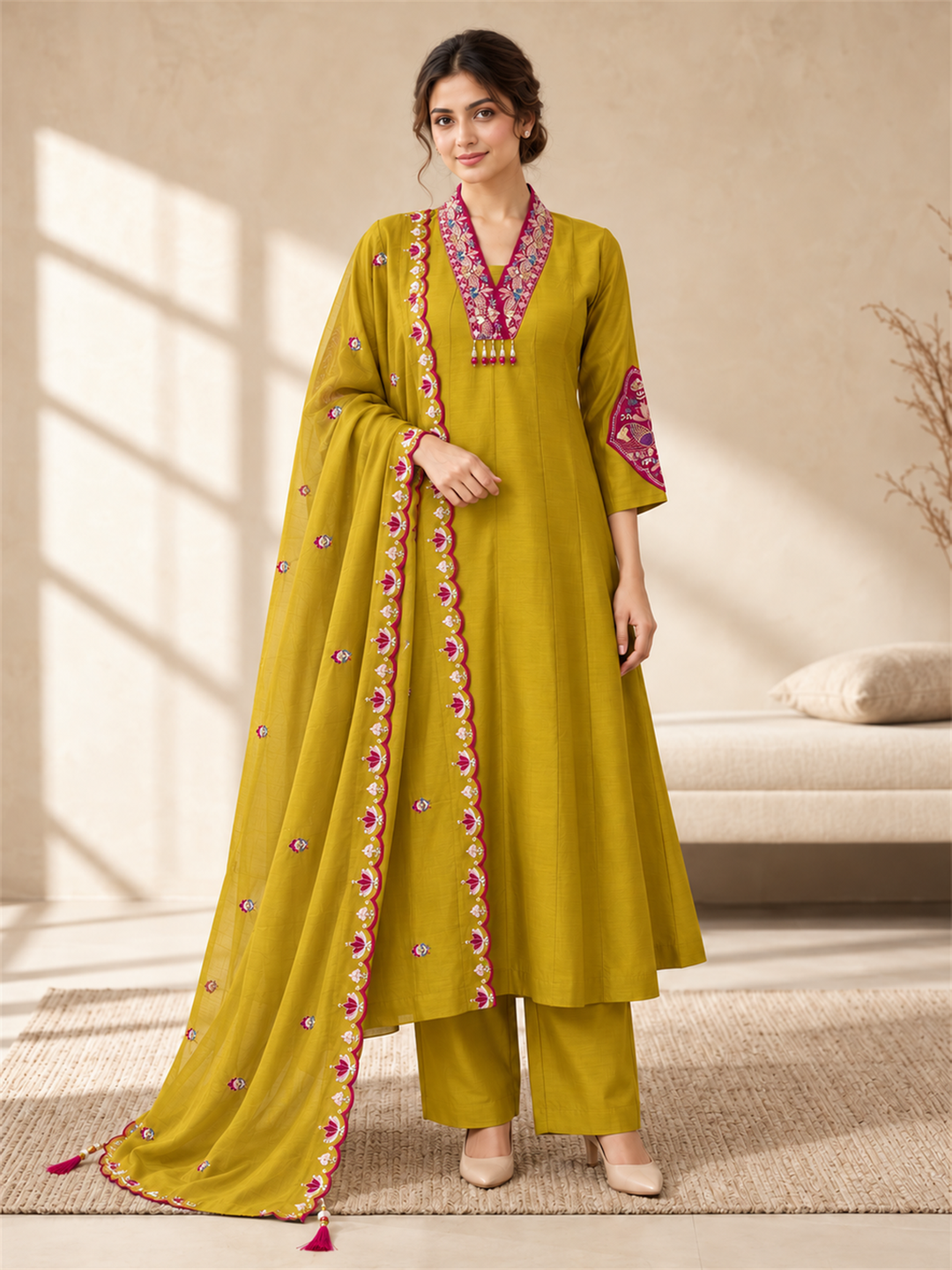 Mustard Chanderi Silk Embroidered Anarkali Suit Set with Dupatta