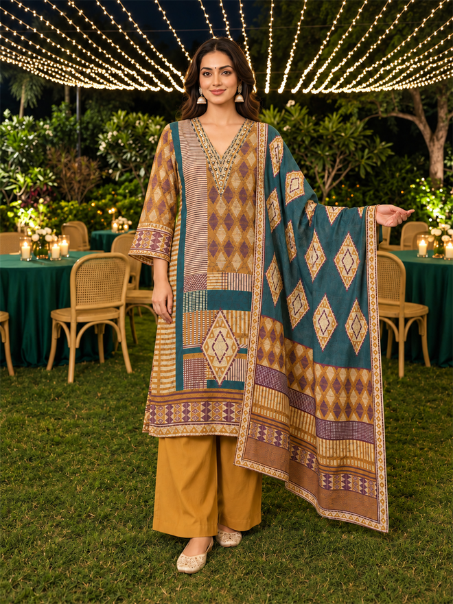 Mustard & Teal Green Geometric Printed Silk Blend Straight Kurta Trouser Set with Dupatta
