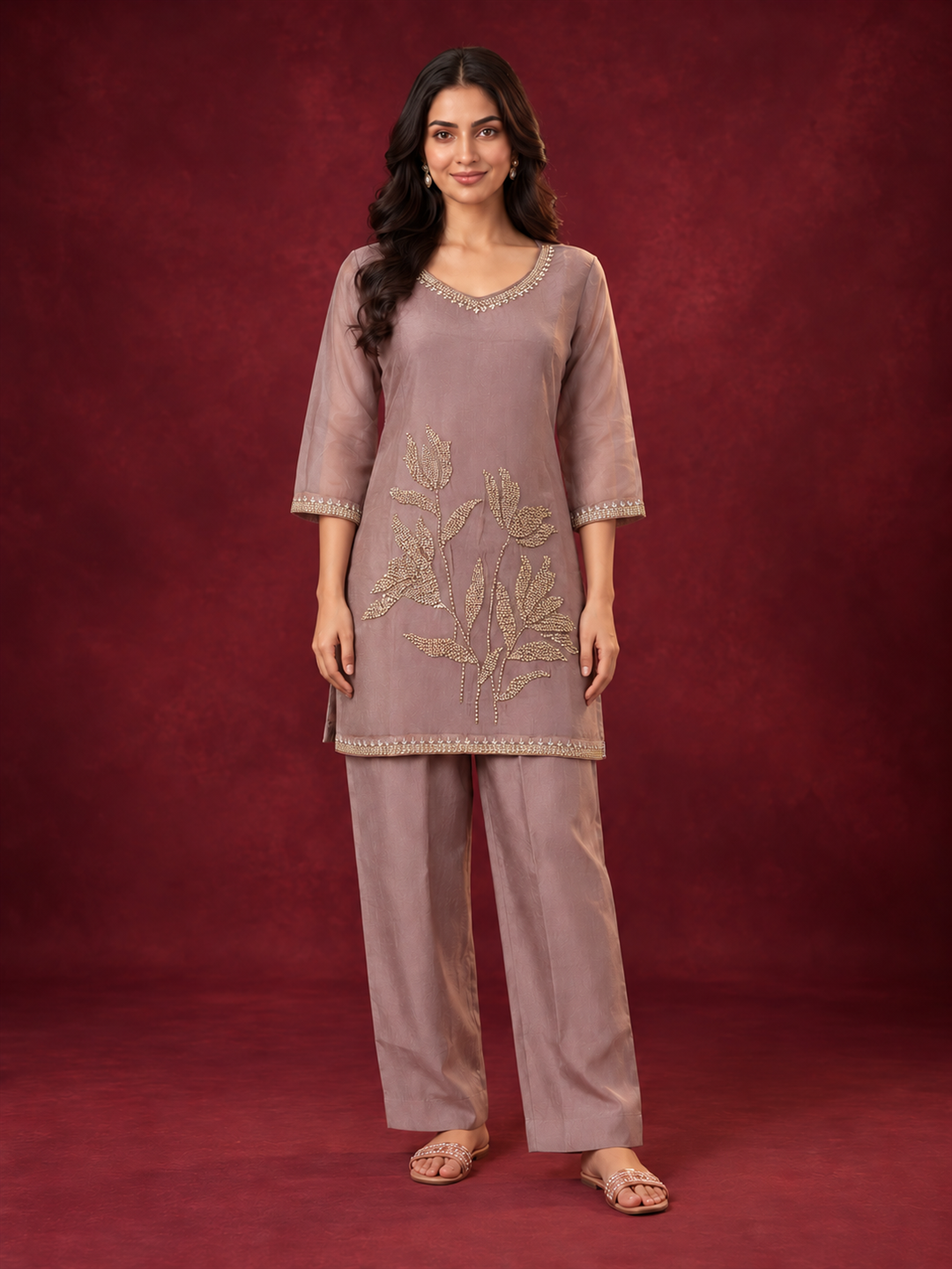 Dusty Mauve Mul Chanderi Floral Embroidered Straight Kurta Set