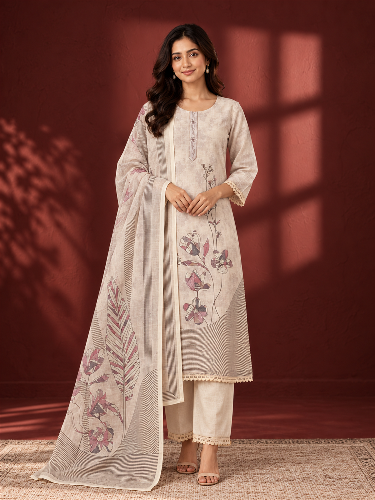 Ivory Cream Floral Printed Mul Chanderi Kurta Set with Dupatta