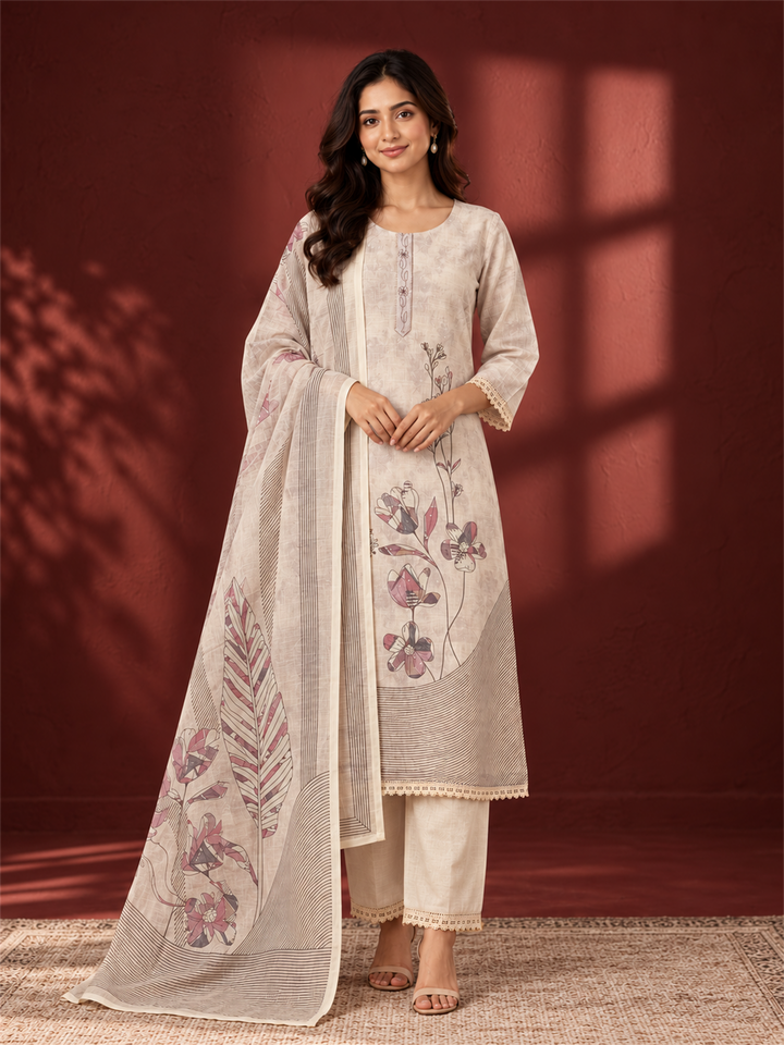 Ivory Cream Floral Printed Mul Chanderi Kurta Set with Dupatta