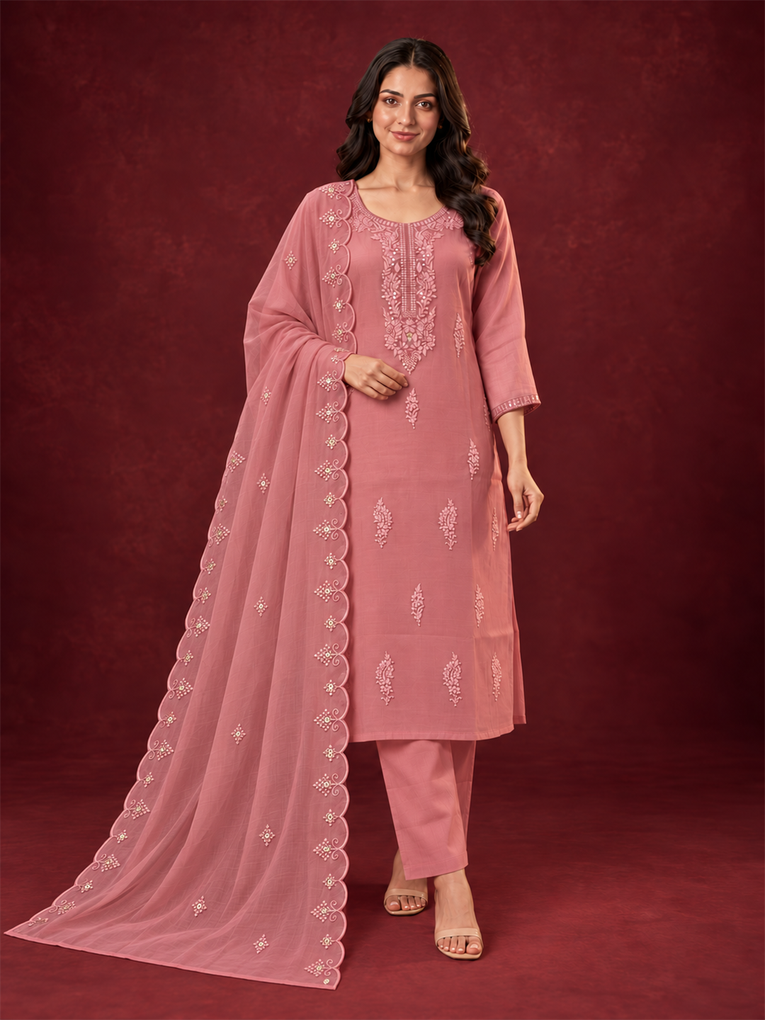 Dusty Rose Embroidered Silk Blend Suit Set with Scalloped Dupatta