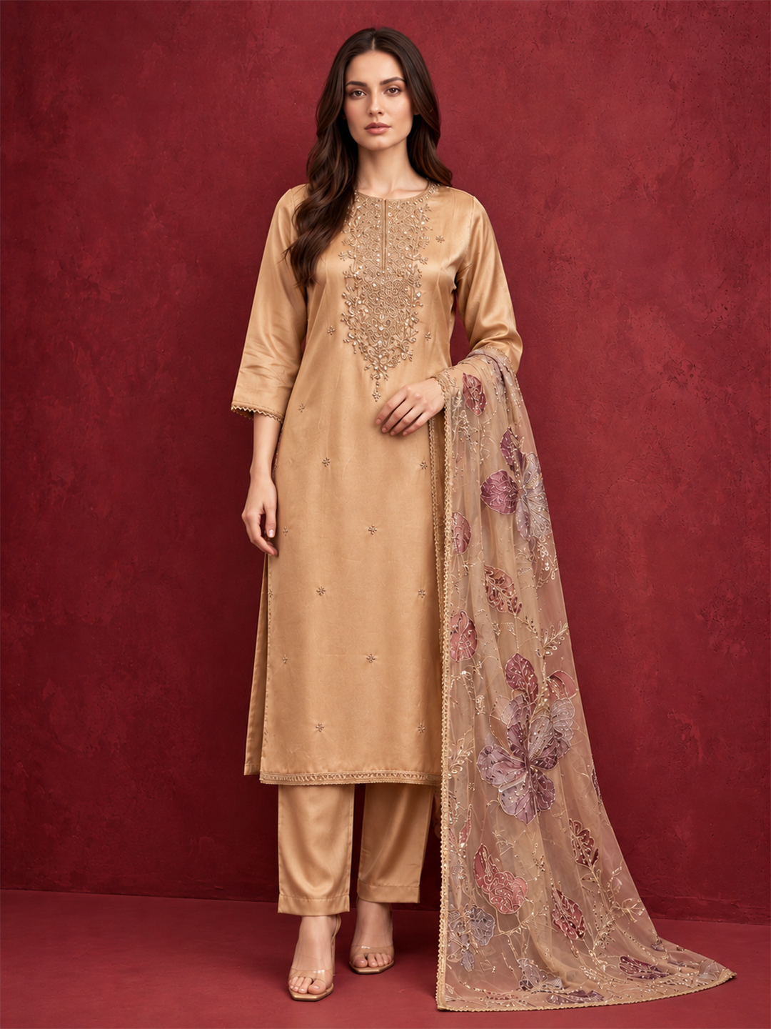 Champagne Gold Embroidered Pure Silk Suit Set