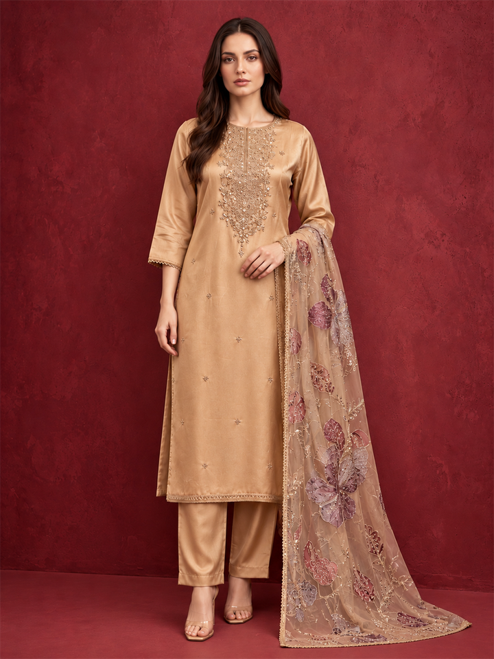 Champagne Gold Embroidered Pure Silk Suit Set