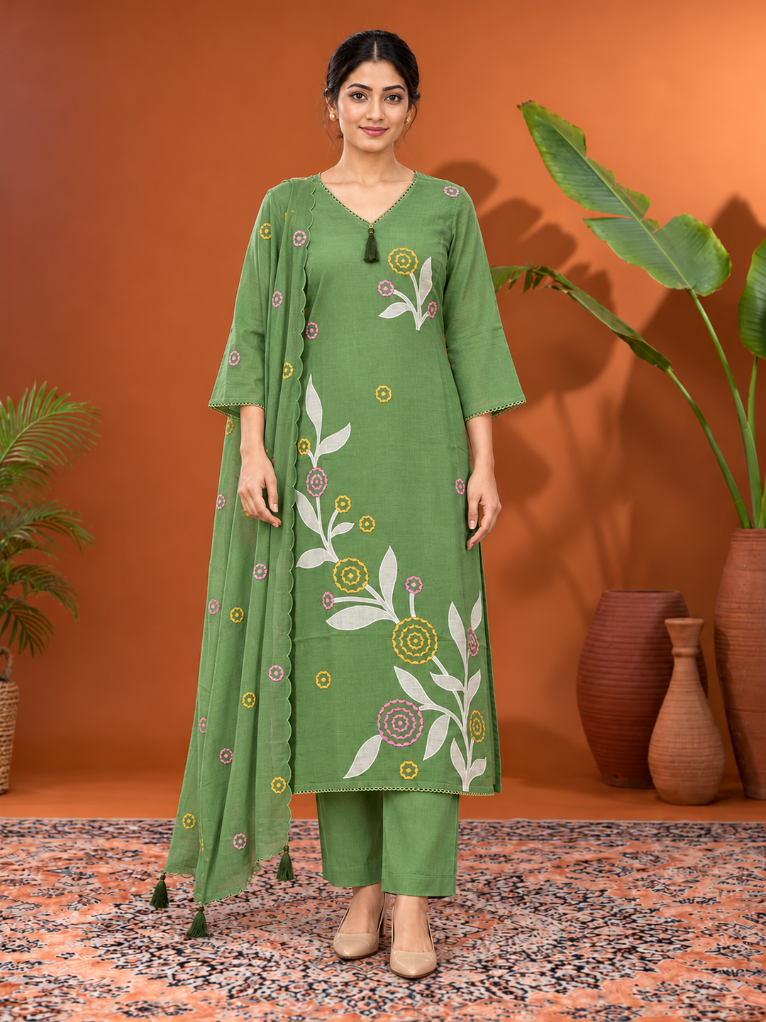 Sage Green Floral Embroidered Mul Chanderi Kurta Set with Dupatta