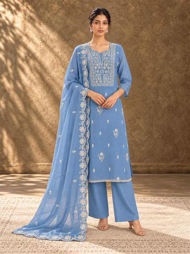 Powder Blue Embroidered Mul Chanderi Kurta Palazzo Set with Dupatta