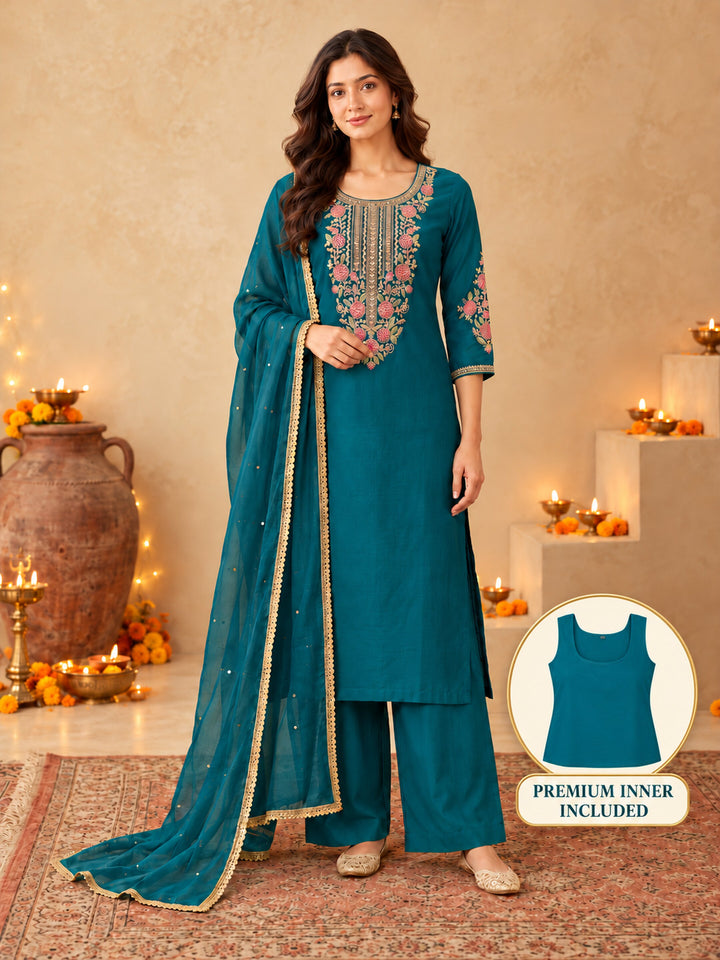 Teal Blue Silk Blend Floral Embroidered Kurta Trouser Set with Dupatta & Inner