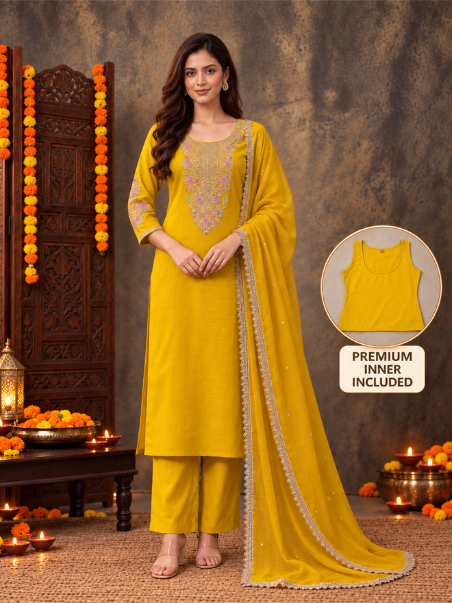 Mustard Silk Blend Floral Embroidered Kurta Trouser Set with Dupatta & Inner