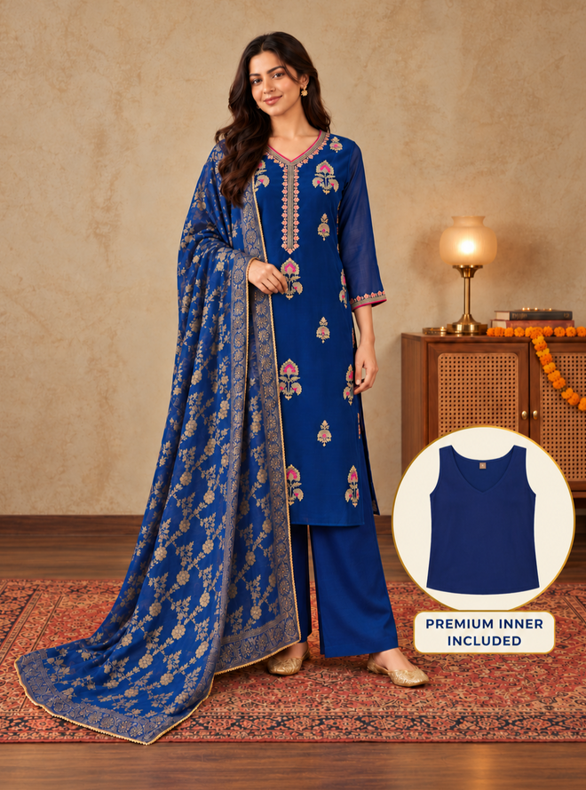 Royal Blue Silk Blend Floral Embroidered Kurta Trouser Set with Dupatta & Inner