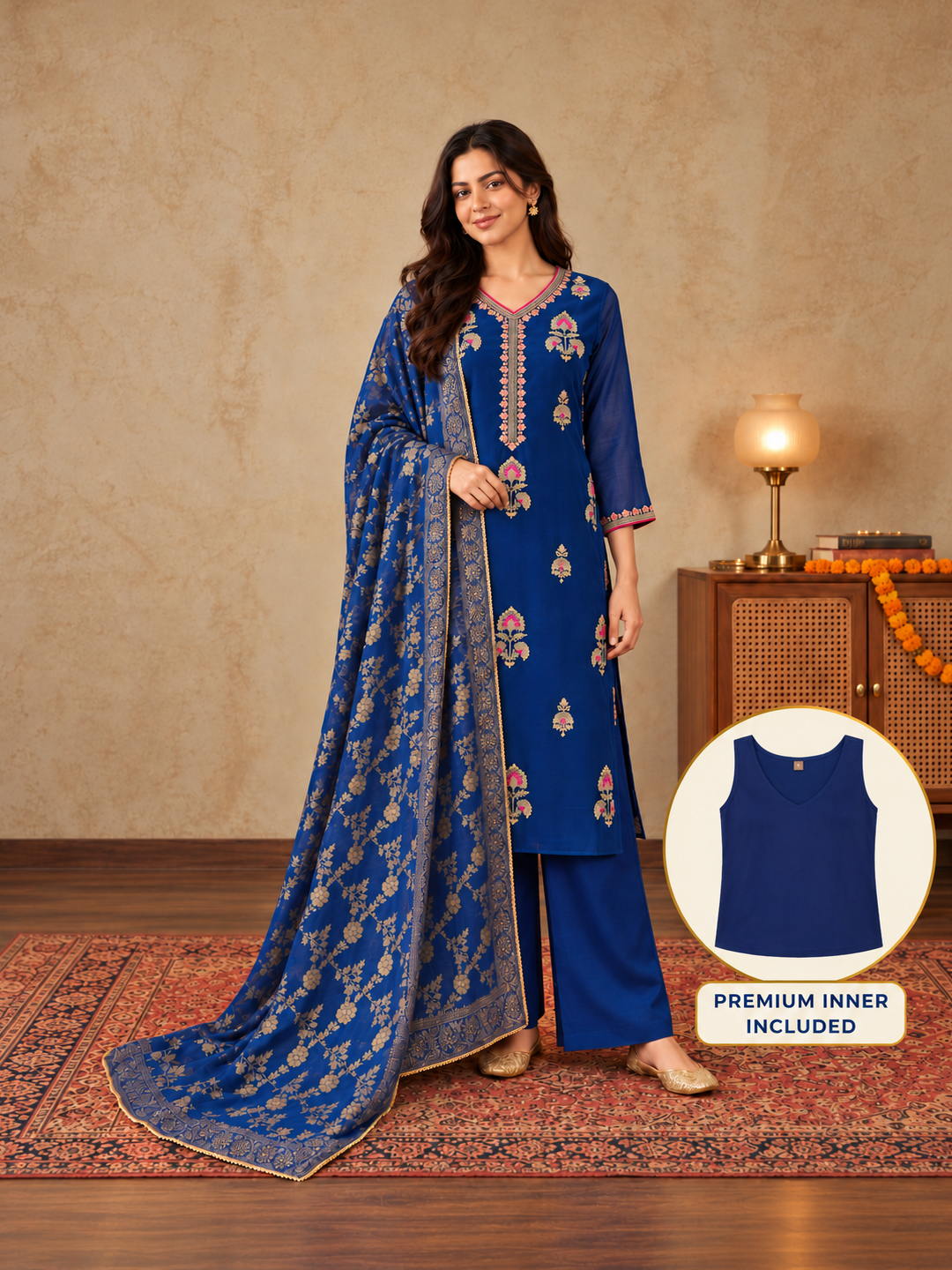 Royal Blue Silk Blend Floral Embroidered Kurta Trouser Set with Dupatta & Inner