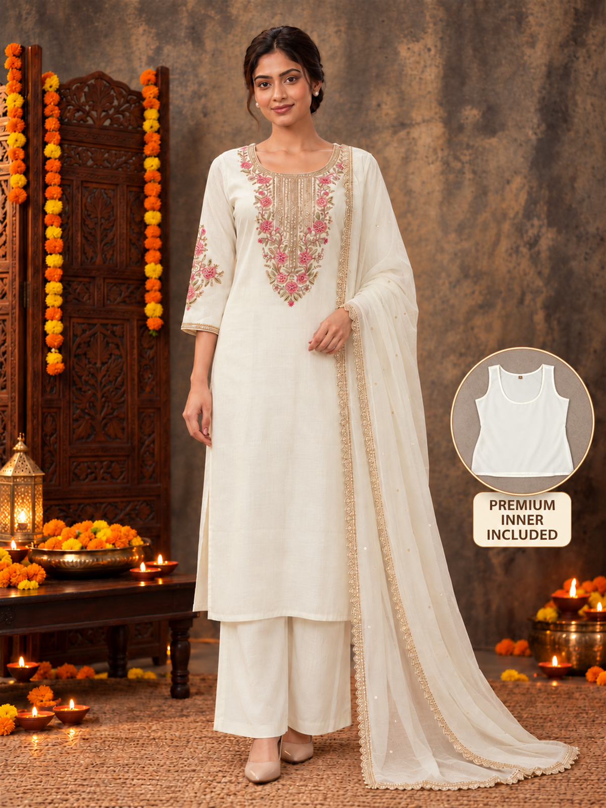 Ivory White Silk Blend Floral Embroidered Kurta Trouser Set with Dupatta & Inner