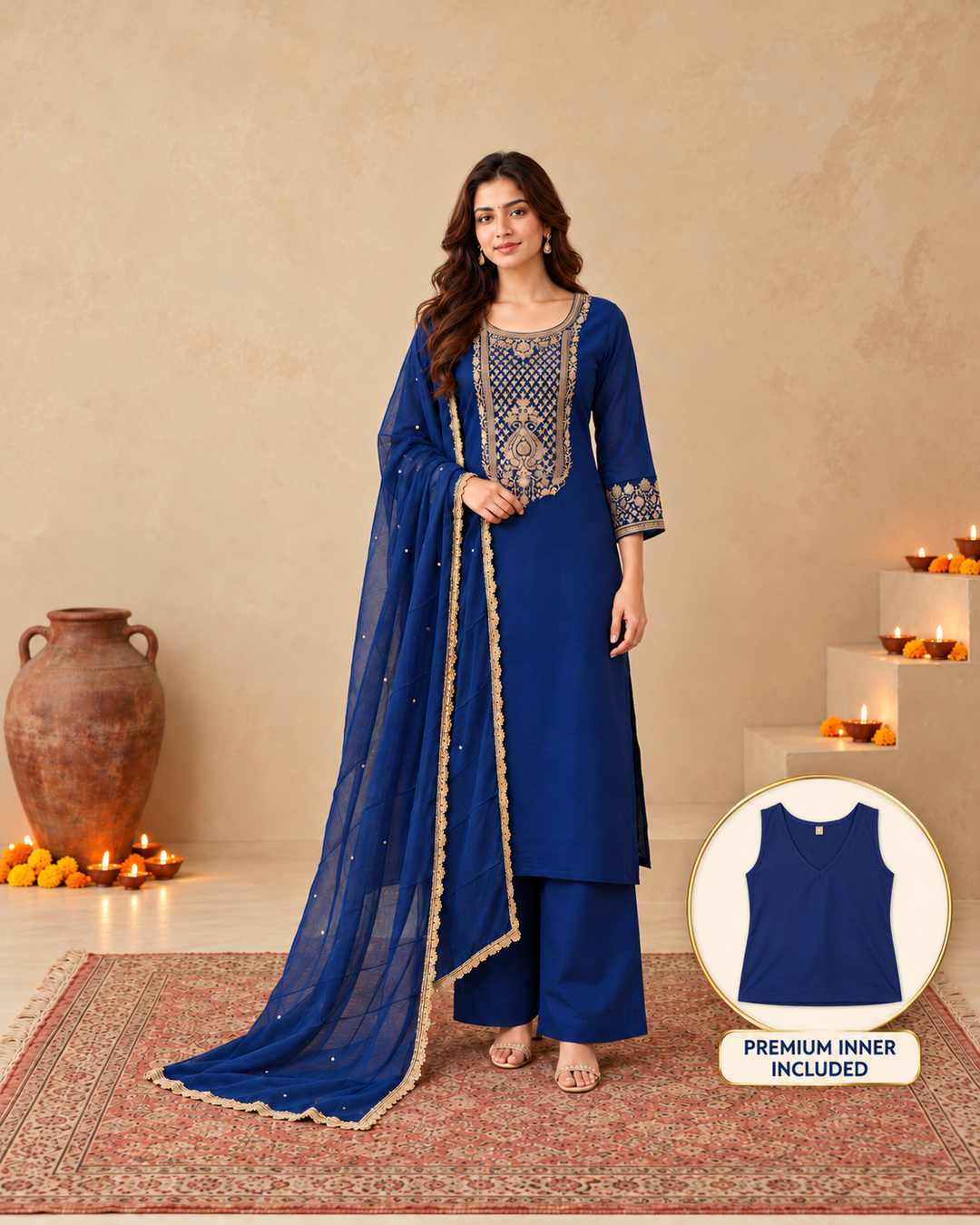 Royal Blue Silk Blend Golden Embroidered Kurta Trouser Set with Dupatta & Inner