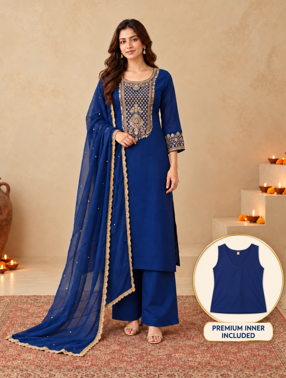 Royal Blue Silk Blend Golden Embroidered Kurta Trouser Set with Dupatta & Inner