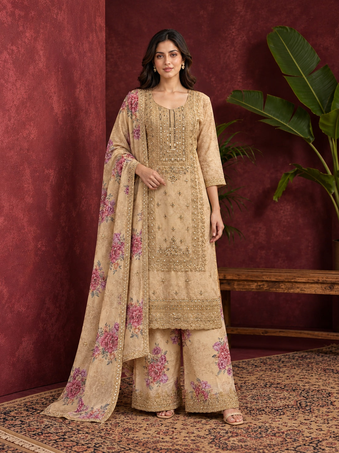 Beige Floral Embroidered Pure Silk Palazzo Suit Set