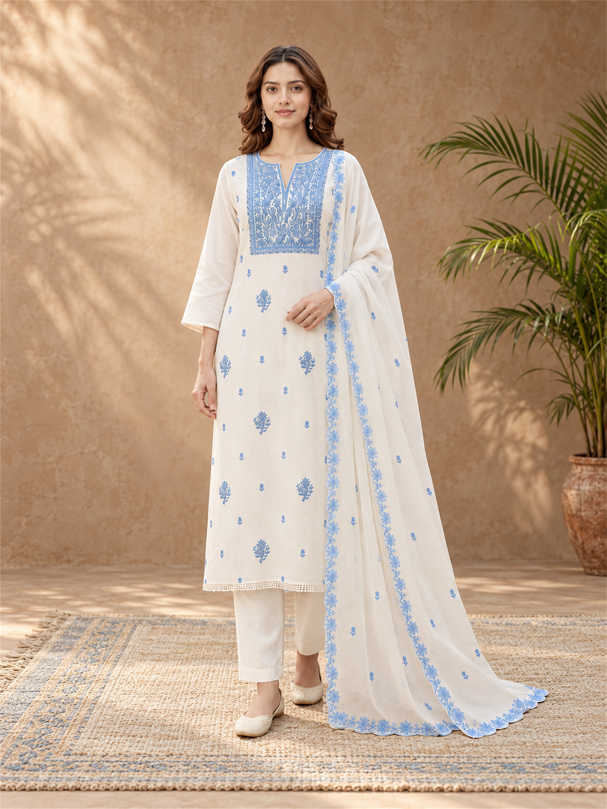 Ivory White & Sky Blue Embroidered Mul Chanderi Kurta Set with Dupatta