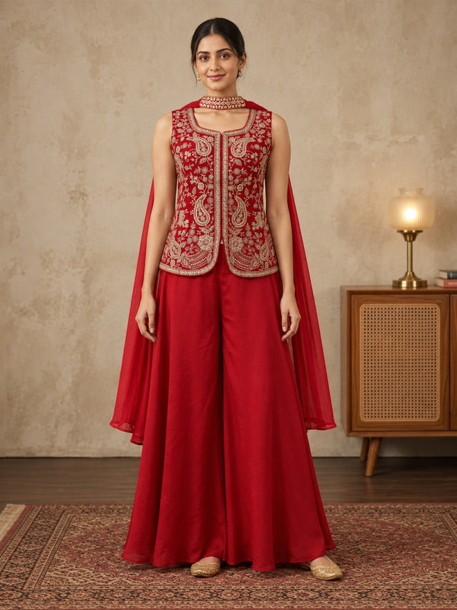Red Embroidered Silk Sharara Set with Cape Dupatta