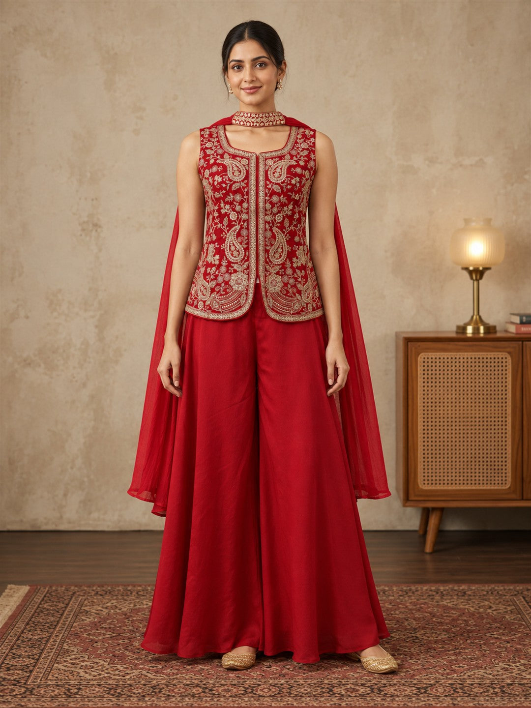 Red Embroidered Silk Sharara Set with Cape Dupatta