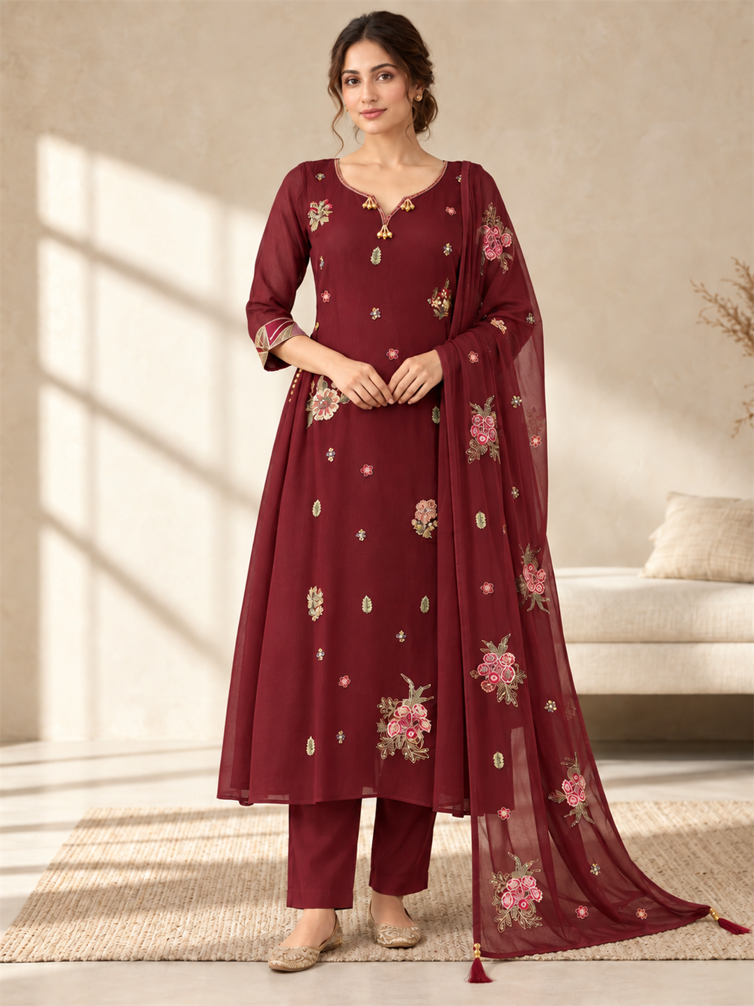 Maroon Floral Embroidered Viscose Rayon Suit Set