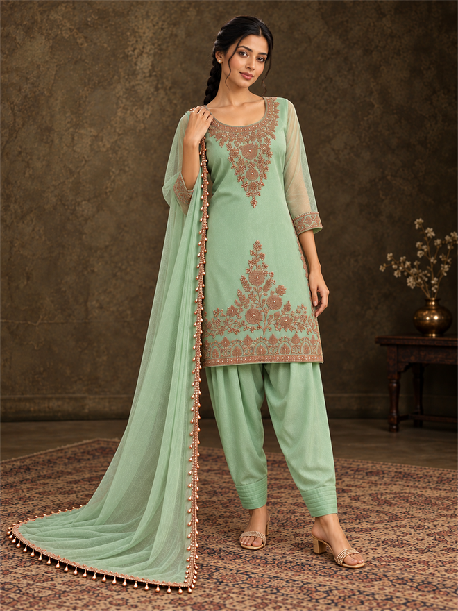 Sea Green Pure Silk Embroidered Suit Set with Dhoti and Dupatta