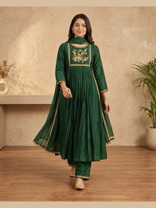 Emerald Green Floral Embroidered Anarkali Set with Dupatta