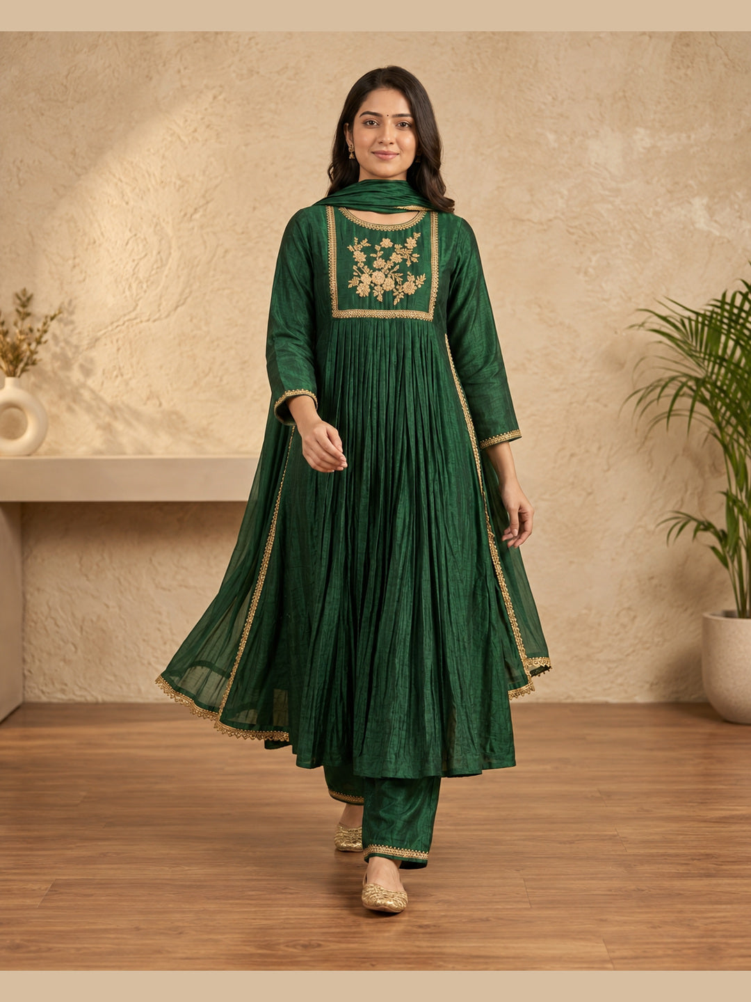 Emerald Green Floral Embroidered Anarkali Set with Dupatta – walking shot