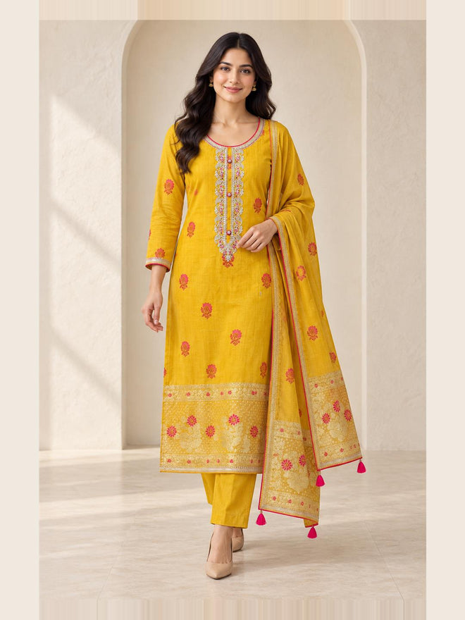 Women's Yellow Chanderi Cotton Embroidered Kurta With Trouser And Dupatta