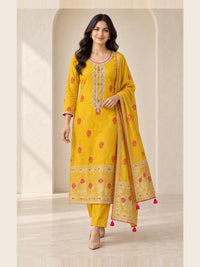 Women's Yellow Chanderi Cotton Embroidered Kurta With Trouser And Dupatta