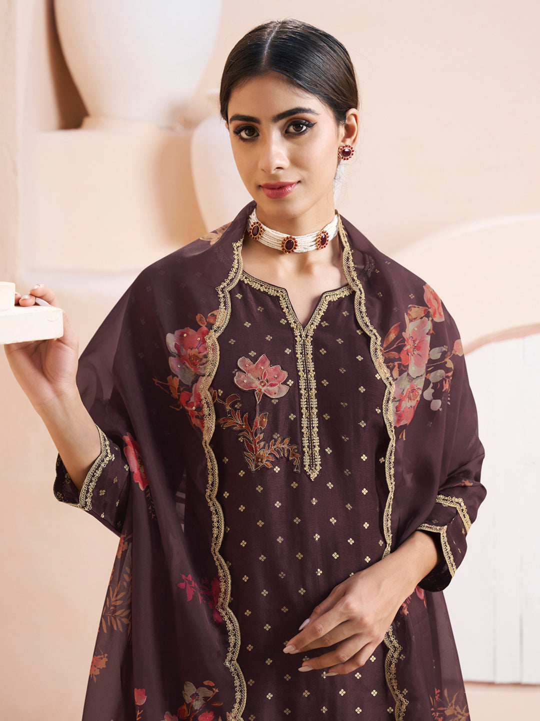 Seal Brown Applique Jacquard Kurta with Floral Print Dupatta Product vendor