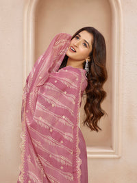 Dusty Rose Cutwork Neckline Dola Silk Kurta Suit Set with Lehariya Print Dupatta
