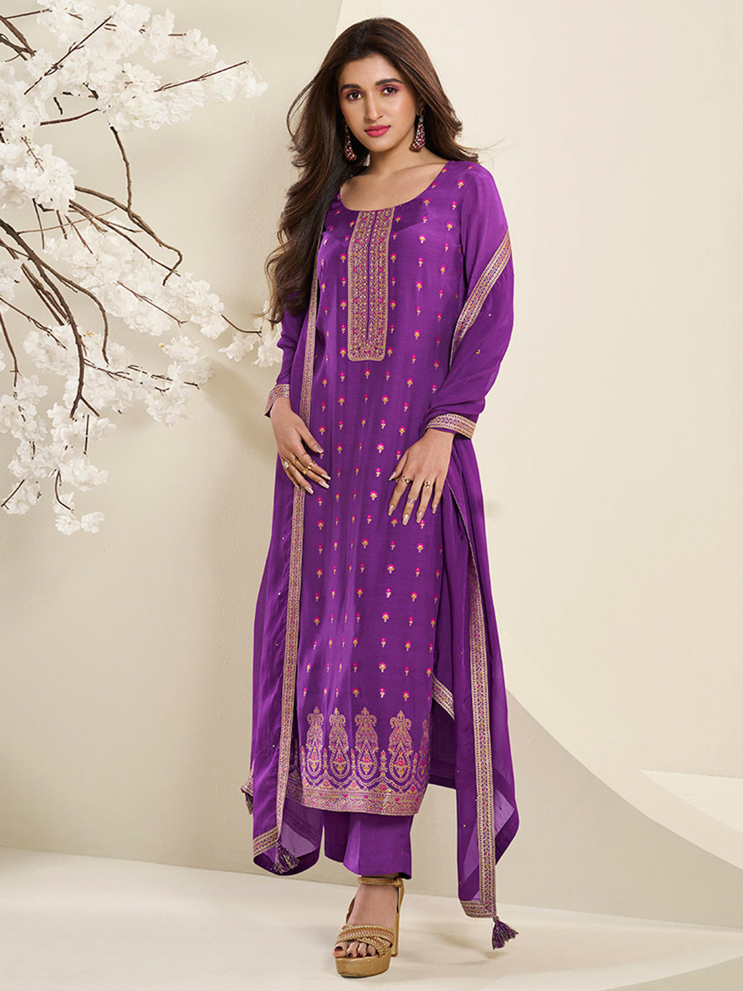 Midnight Purple Muslin Jacquard Kurta Suit Set with Multi Contrast Thread Weave & Paisley Pattern Daman Product vendor
