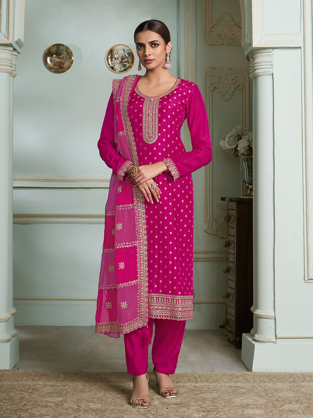 Hot Pink Kurta Set in Dola Jacquard with Sequins Embroidery