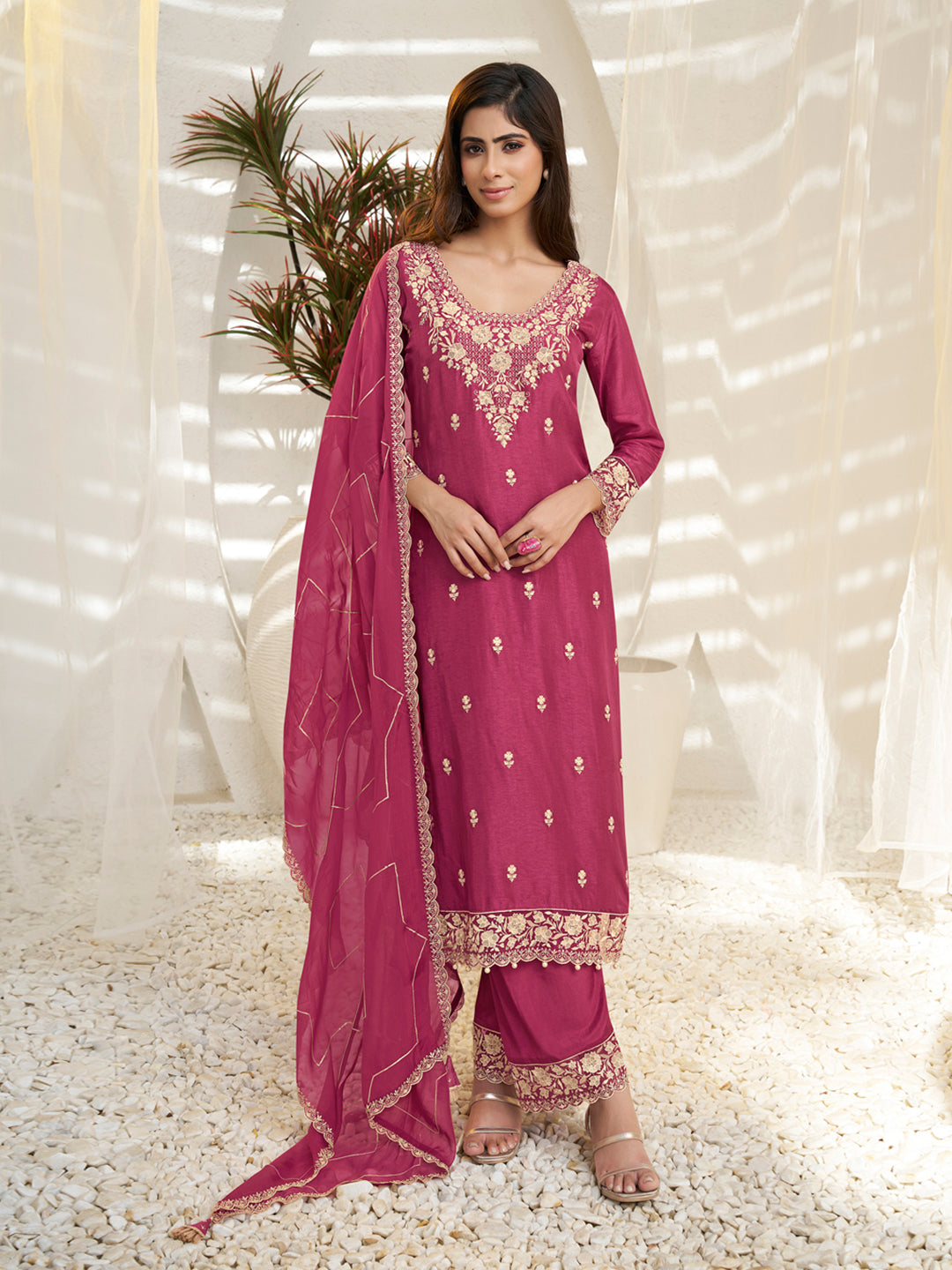 Floral + Geometric thread work & Hanging Pearl on Daman Kurta With Straight Pant & Dupatta Product vendor