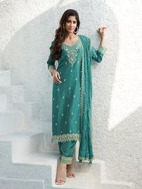Floral + Geometric thread work & Hanging Pearl on Daman Kurta With Straight Pant & Dupatta Product vendor