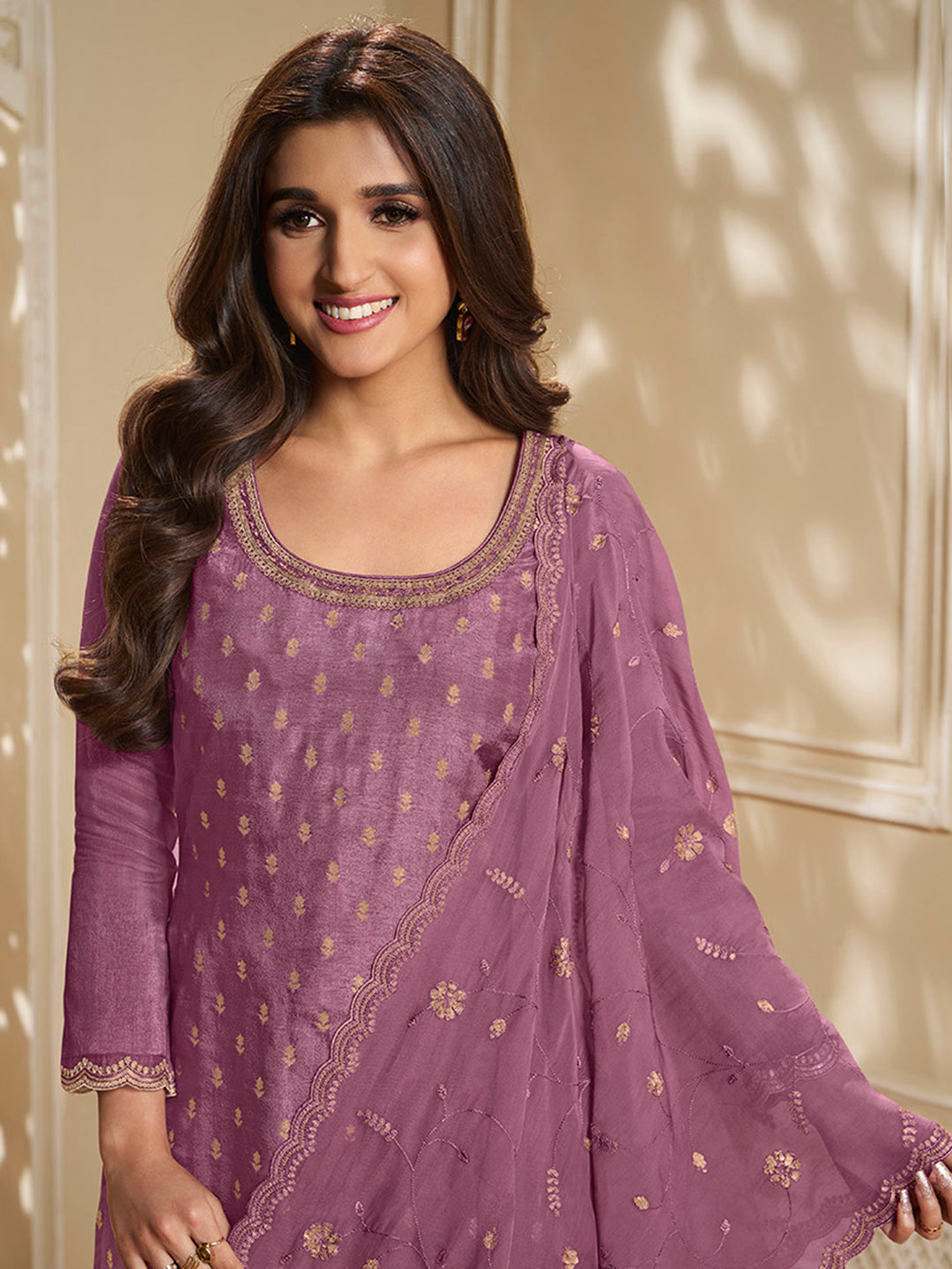Light plum Dola Jacquard Kurta Suit Set with Embroidered with Thread & Sequins Work Product vendor
