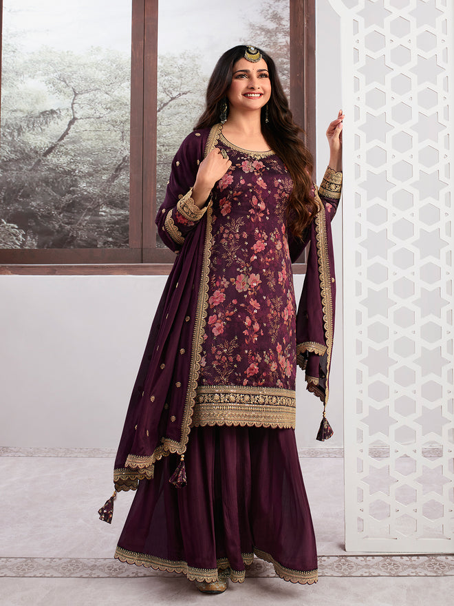 Wine Printed with Embroidered Sharara Suit Set Product vendor
