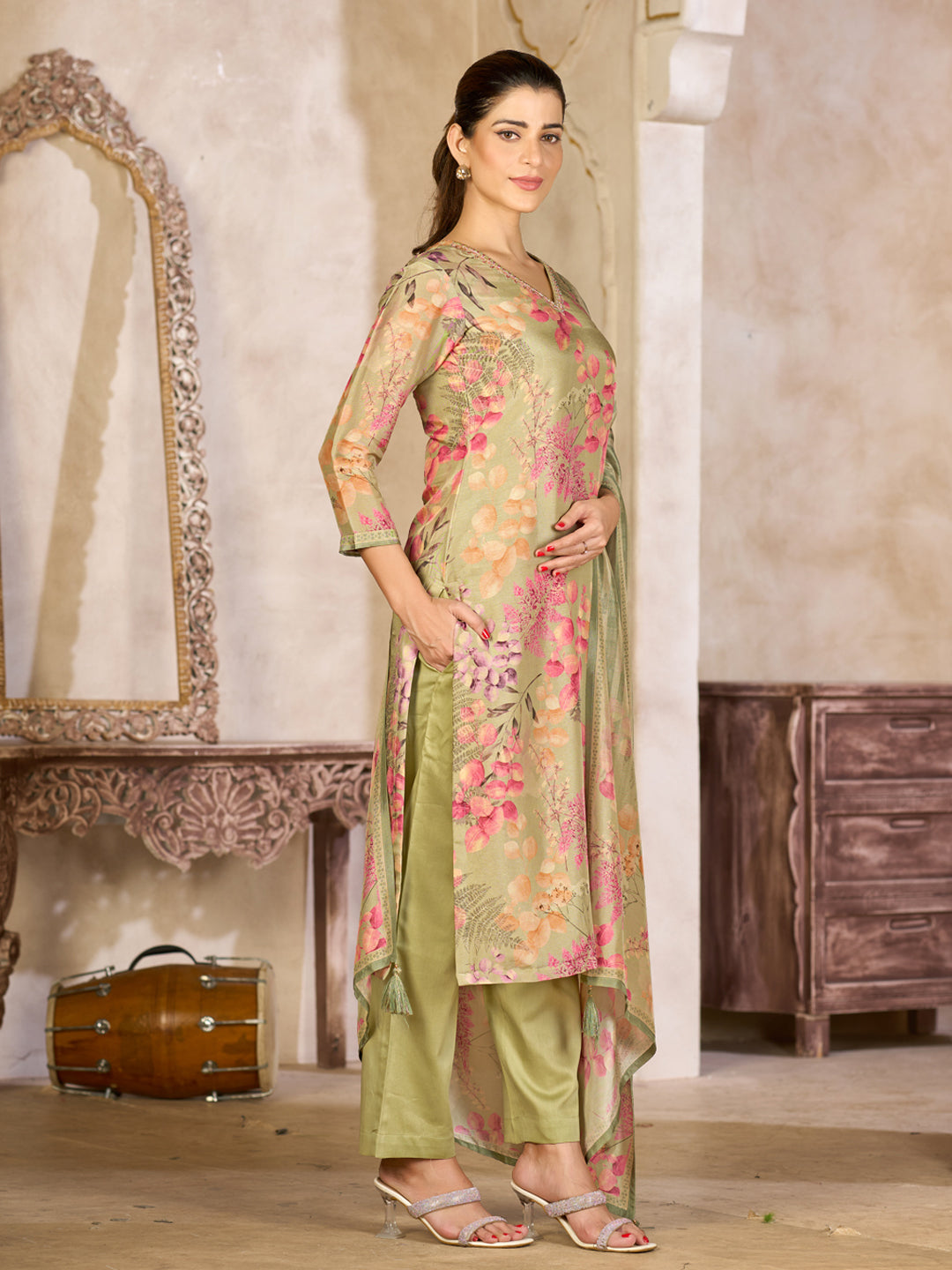 Pistachio Green Viscose Kurta Set with Floral Printed Work, Paired with Cambric Cotton Bottom and a Viscose Dupatta