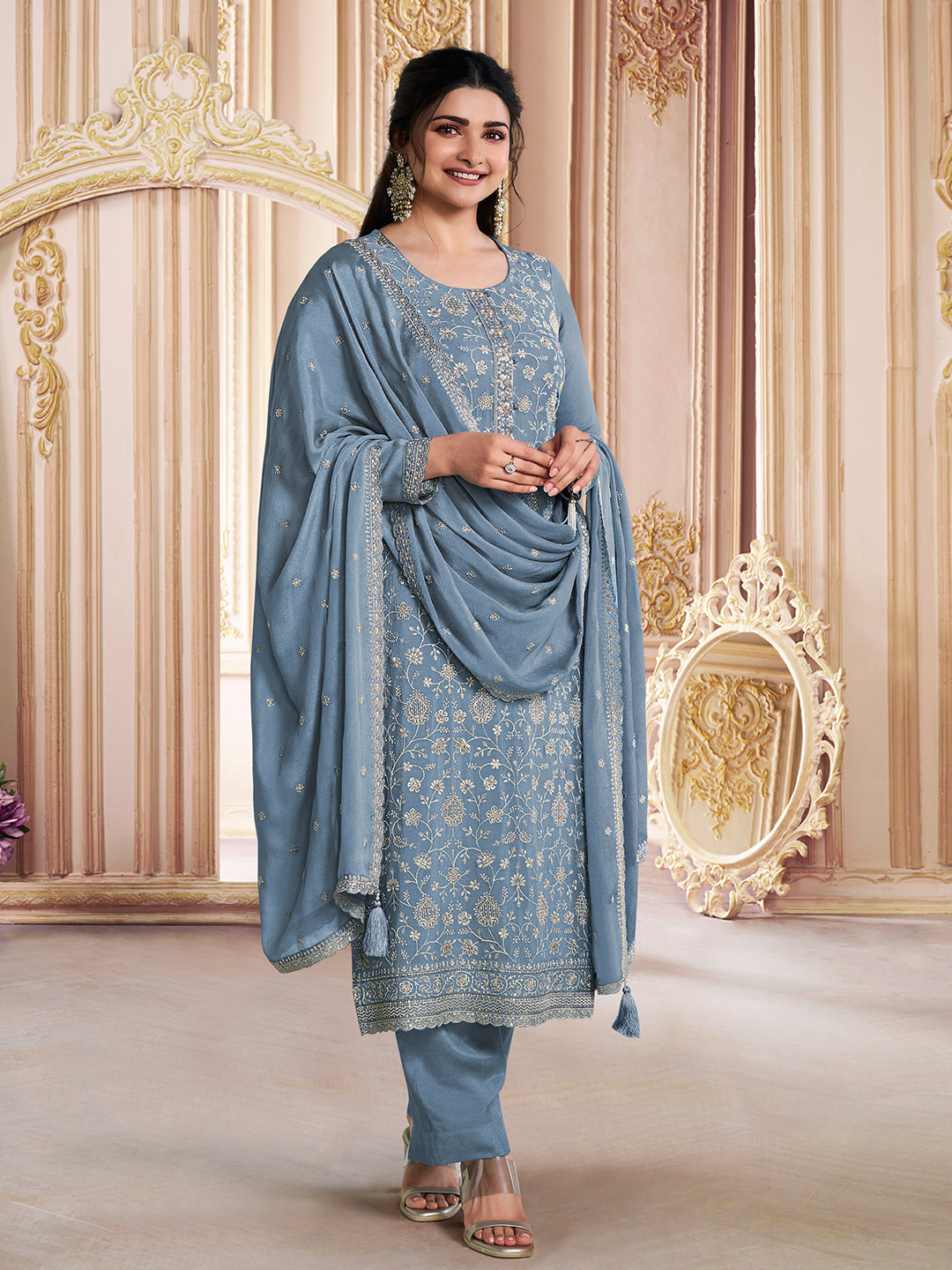 Blue White Thread Embroidered Kurta Suit Set Product vendor