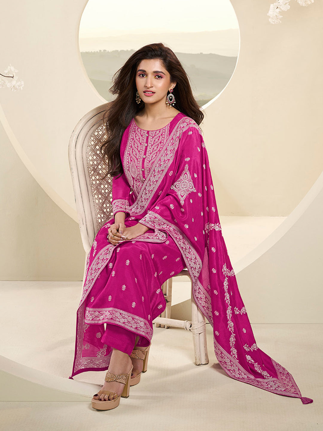 Muslin Jacquard Kurta Suit Set with White Thread Weave with Handcrafted Buttons Product vendor