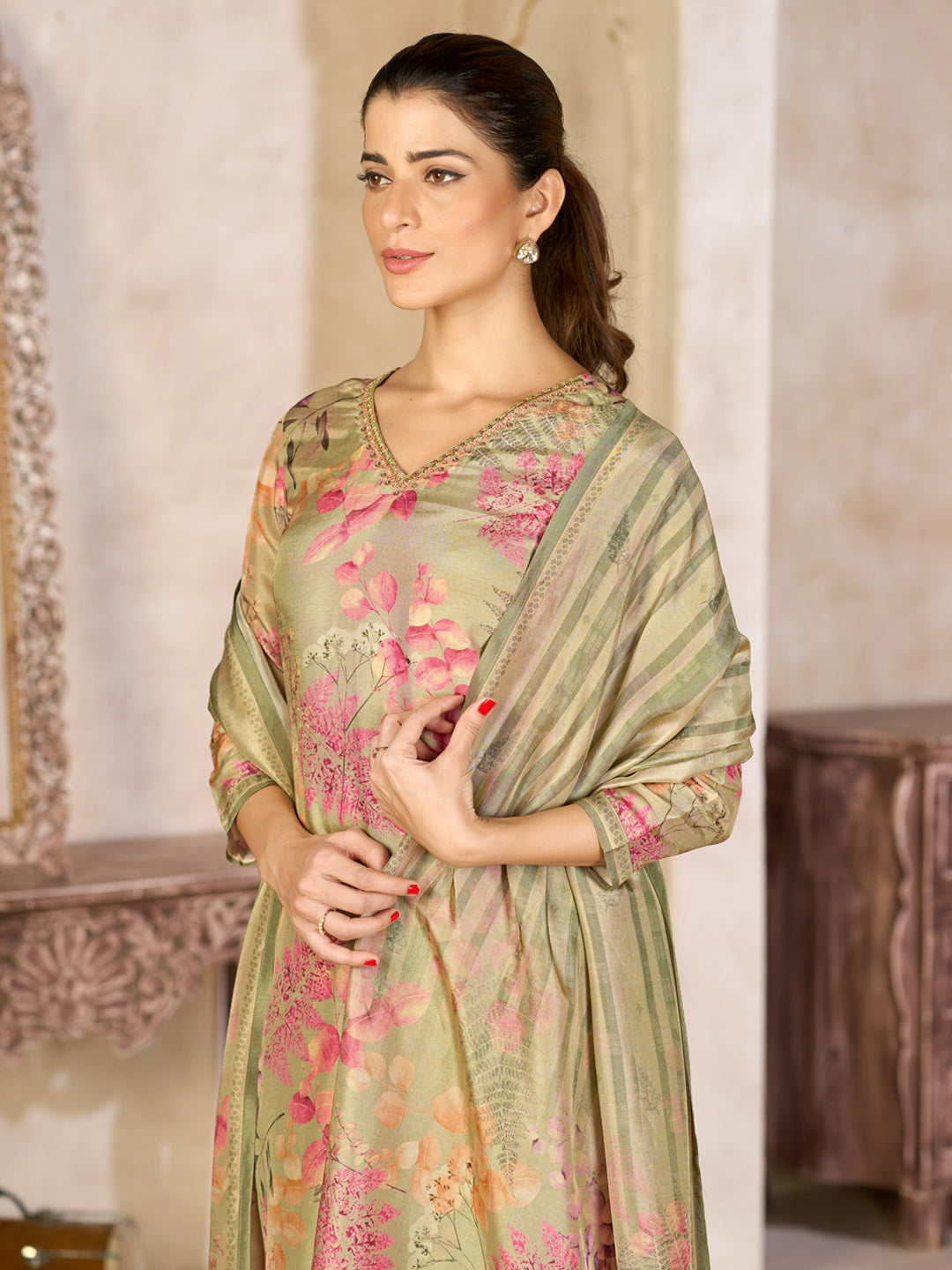 Pistachio Green Viscose Kurta Set with Floral Printed Work, Paired with Cambric Cotton Bottom and a Viscose Dupatta