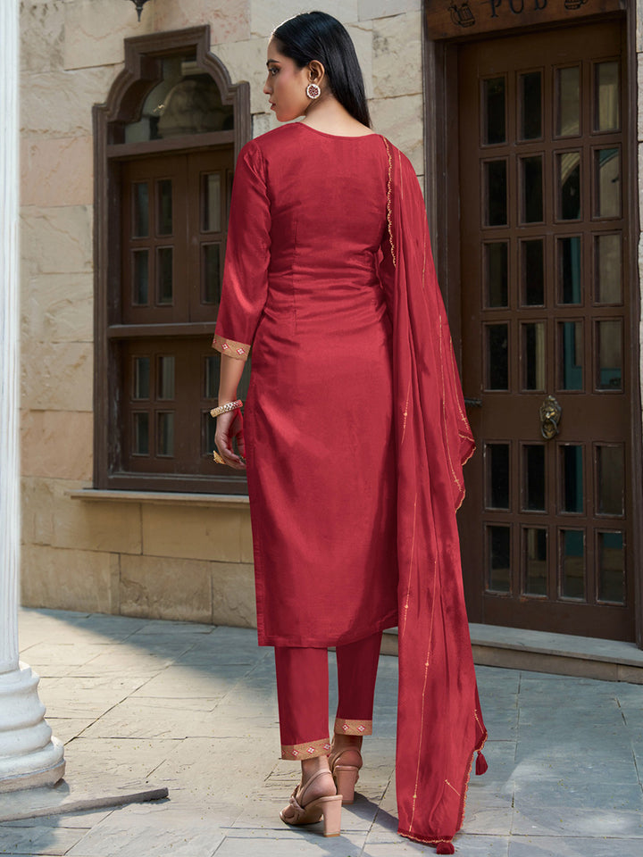 Scarlet Red Rose Exquisite Placement-Weaving Kurta Suit Set Product vendor