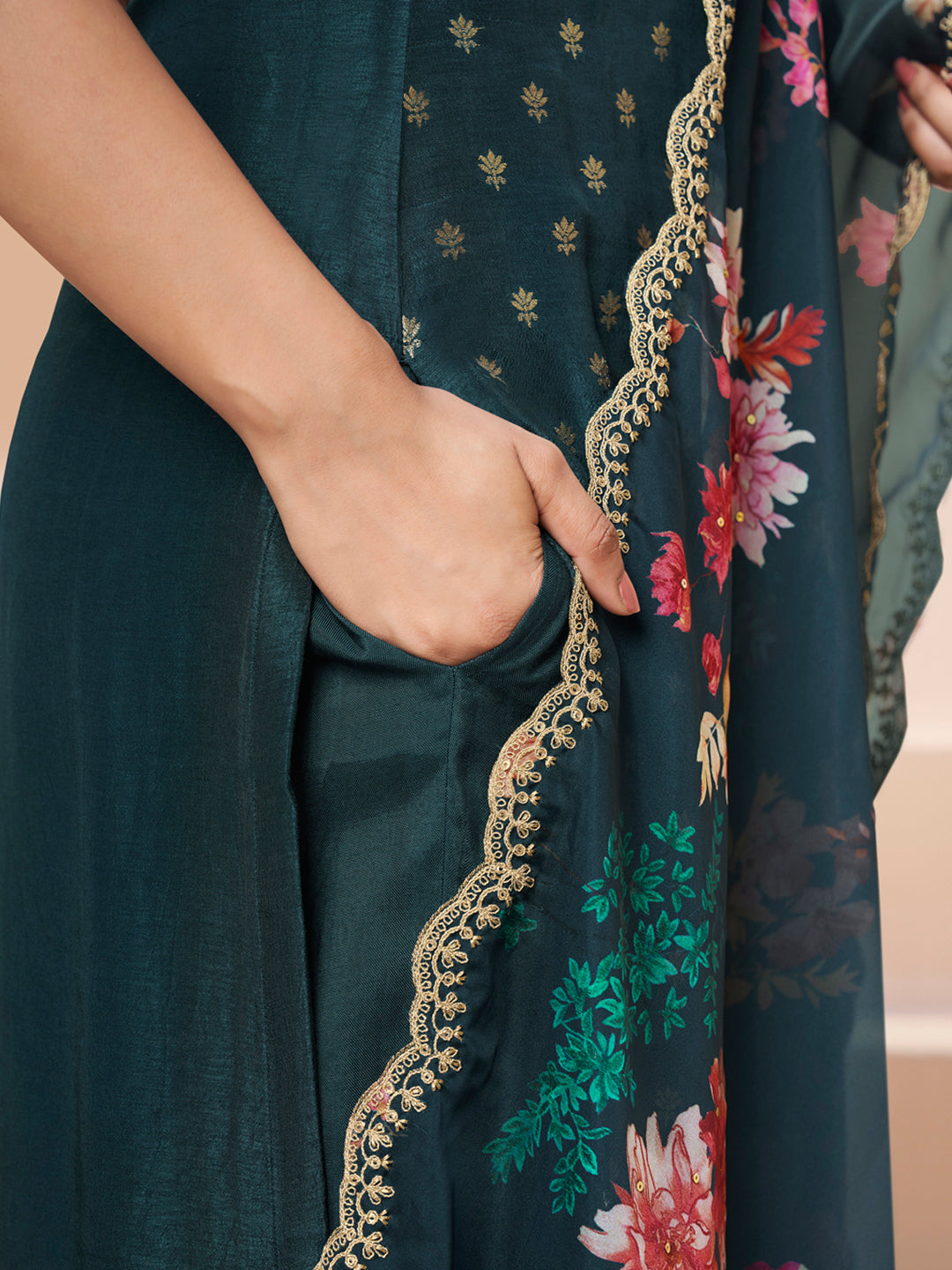 Dark Teal Green Applique Jacquard Kurta with Floral Print Dupatta Product vendor