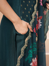 Dark Teal Green Applique Jacquard Kurta Set with Floral Print Dupatta